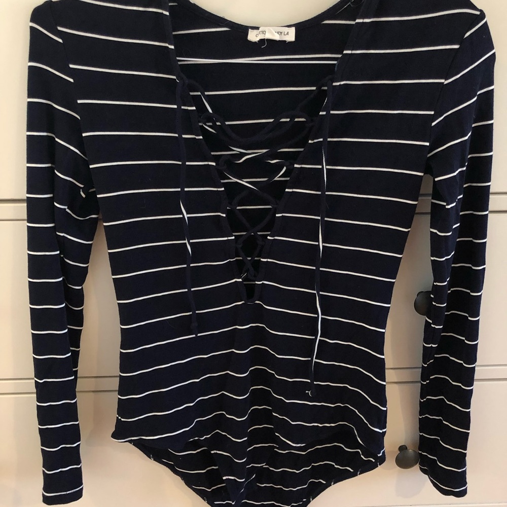 Long sleeve bodysuit lace up navy and white stripe